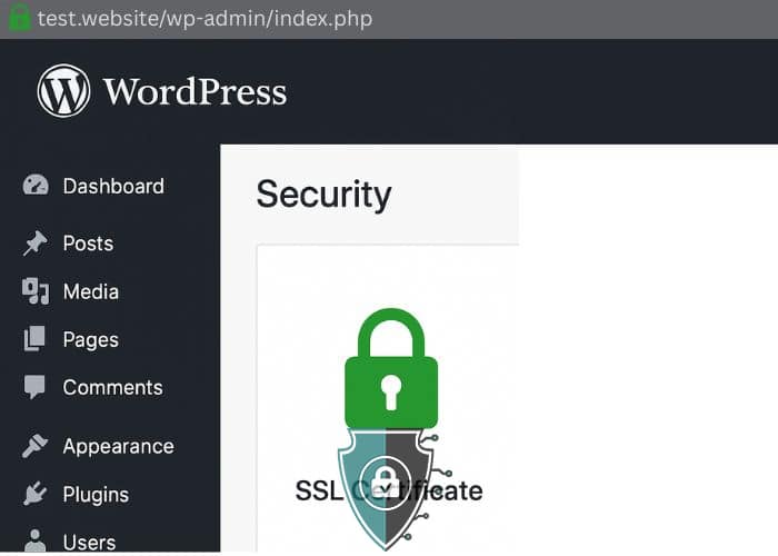 WordPress dashboard showing SSL padlock WordPress dashboard showing SSL padlock
